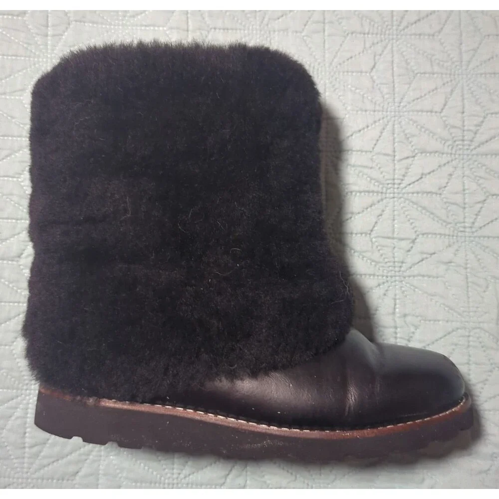 UGG Maylin Black Leather Sheepskin Lined Cuffed Mid Calf Boots Women's 6 Retired